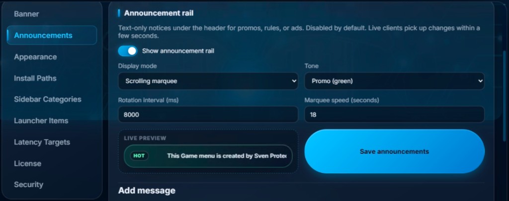 Admin Announcements panel with show toggle, scrolling marquee mode, promo tone, and live preview