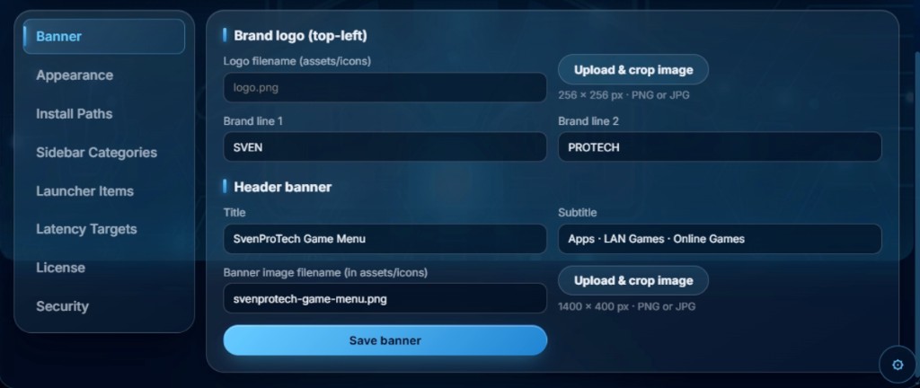 SvenProTech Game Menu admin dashboard showing banner and brand customization settings