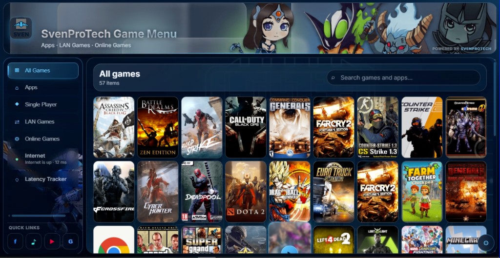 SvenProTech Game Menu library view with game tiles, sidebar categories, search, and quick links