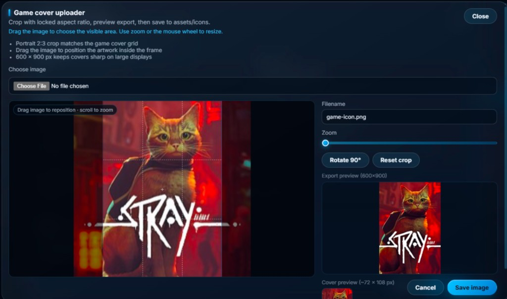 Game cover uploader with 2:3 crop frame, zoom, and 600 by 900 preview