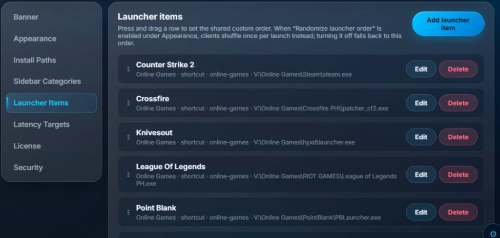 Launcher Items list with drag handles for reordering games
